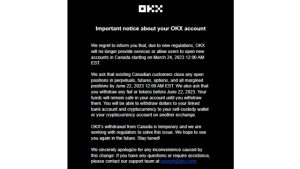 OKX to cease operations in Canada by June 22 2023