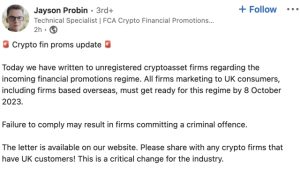 UK financial watchdog reminds crypto firms of October deadline for marketing compliance
