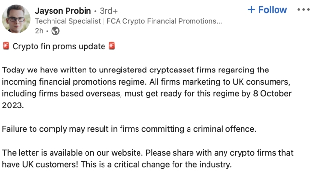 UK financial watchdog reminds crypto firms of October deadline for marketing compliance