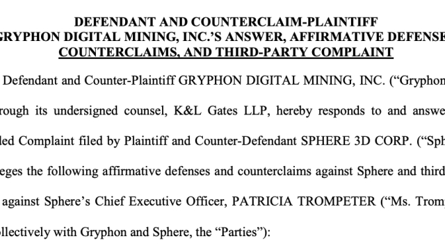 Gryphon Digital seeks court dismissal of Sphere 3D’s lawsuit