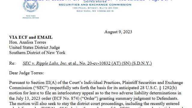 SEC to seek interlocutory appeal in Ripple case