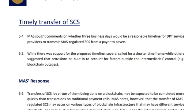 Singapore central bank says three business days is ‘timely transfer’ for stablecoins