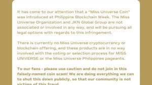 Miss Universe denies link with recently unveiled coin project