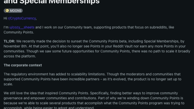 Reddit to wind down blockchain-based rewards service ‘Community Points’